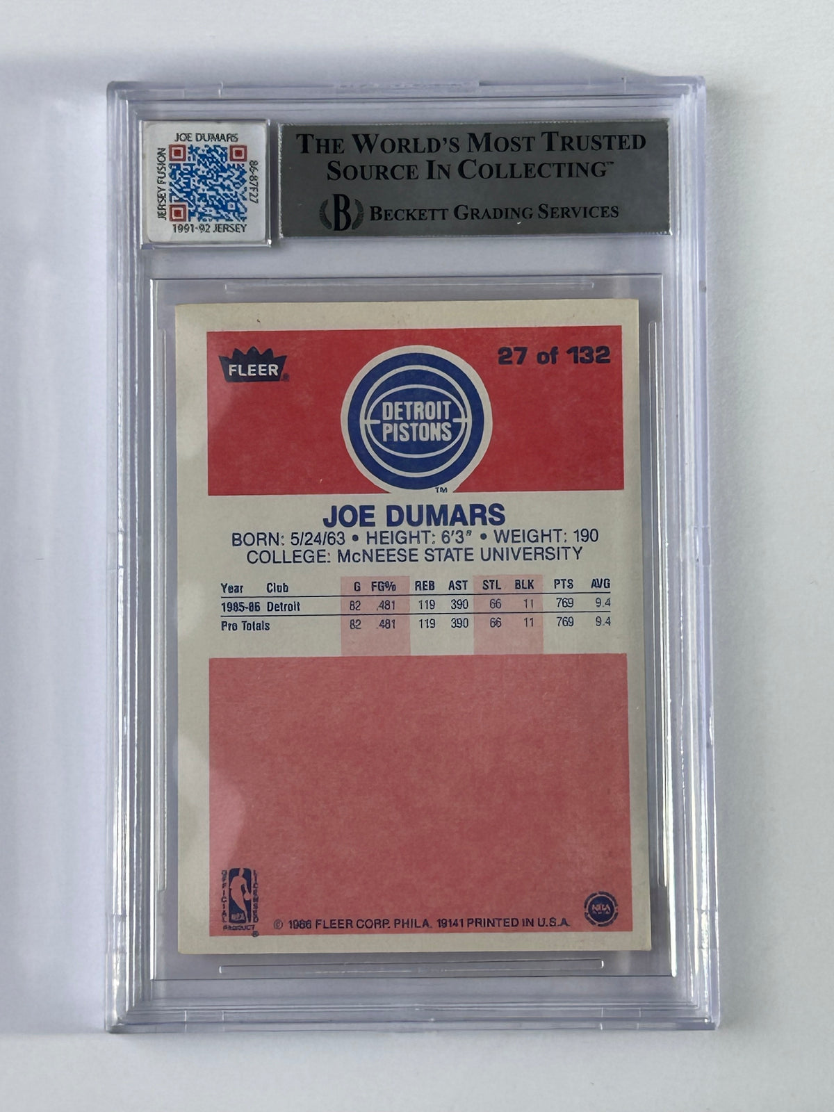 Joe Dumars 1986-87 Fleer Auto Jersey Fusion BGS – Rückseite