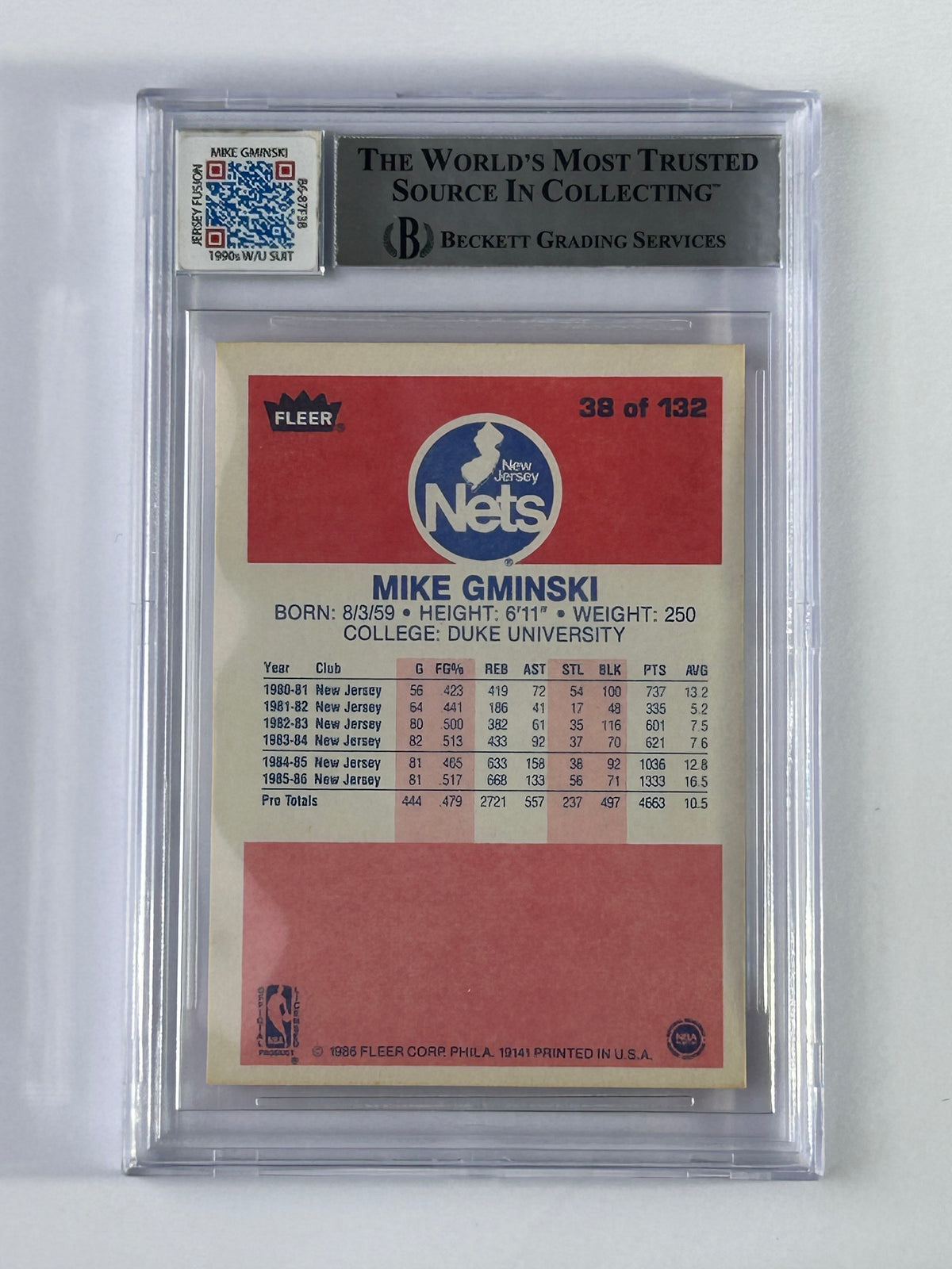 Mike Gminski 1986-87 Fleer Auto Jersey Fusion BGS – Rückseite