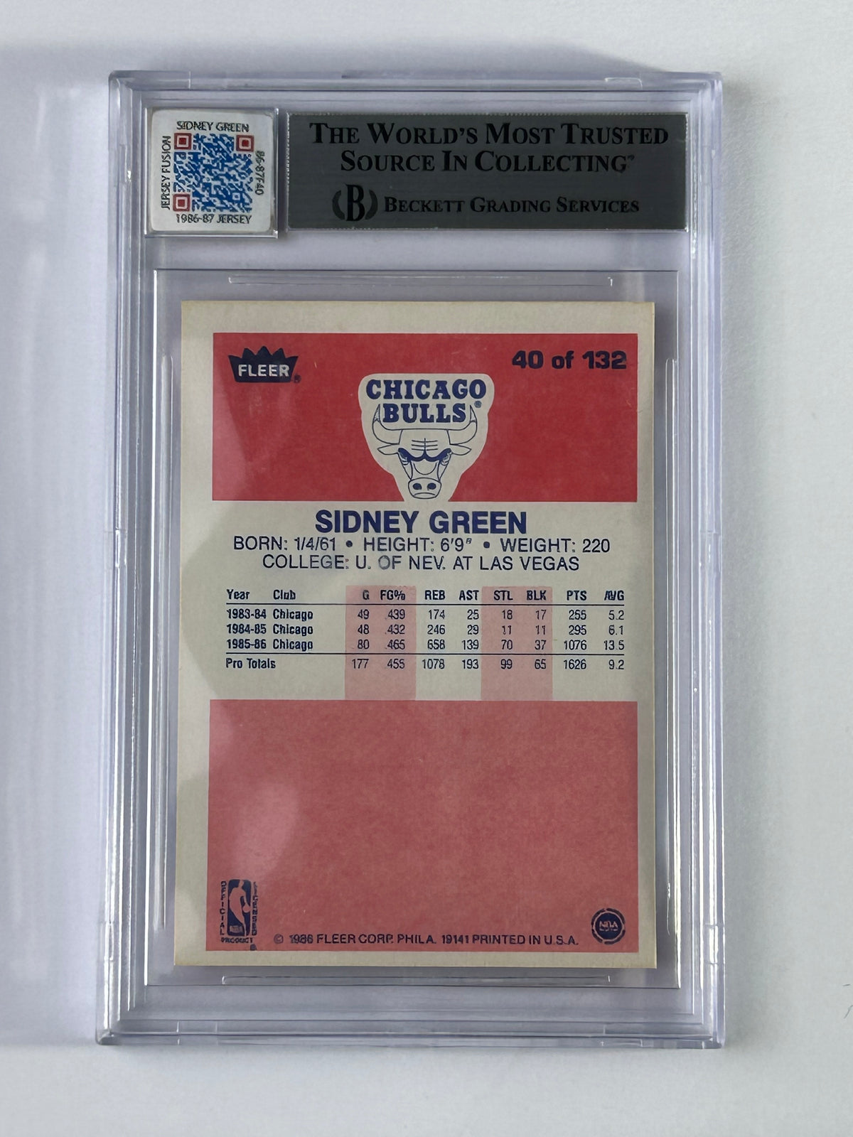 Sidney Green 1986-87 Fleer Jersey Fusion Beckett – Rückseite
