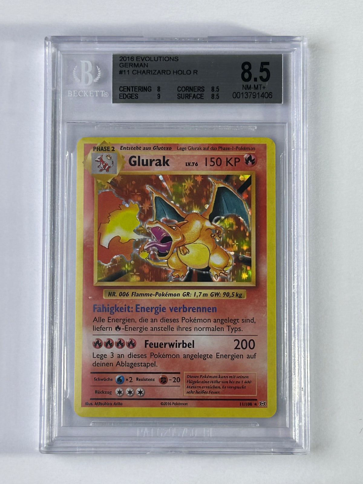 Glurak Holo 11/108 XY Evolutions Deutsch BGS 8.5 – Vorderseite